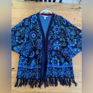 Isaac Mizrahi Fringe Paisley Print Blue Mint Long Sleeve Women’s Medium Cardigan